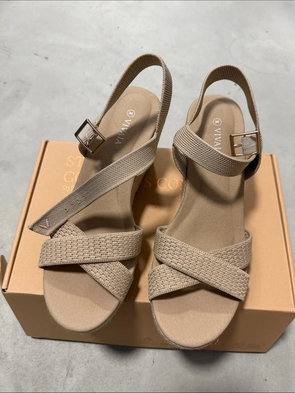 Vivaia Neutral Beige Cross-Strap Slingback Sandals Wedges NWOT